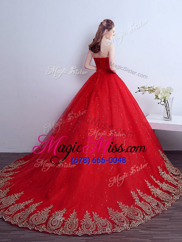 wholesale unique red strapless lace up appliques and sequins sweet 16 dresses court train sleeveless