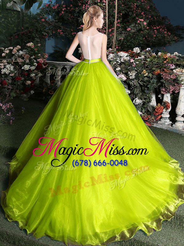 wholesale edgy scoop sleeveless organza court train lace up quinceanera gown in olive green for with beading and appliques and belt