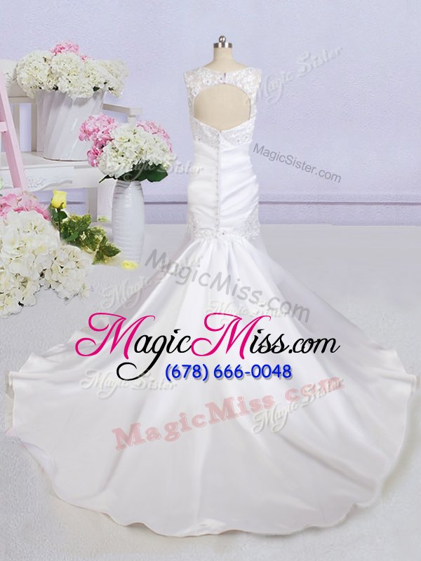 wholesale colorful court train mermaid wedding dress white scoop satin sleeveless backless