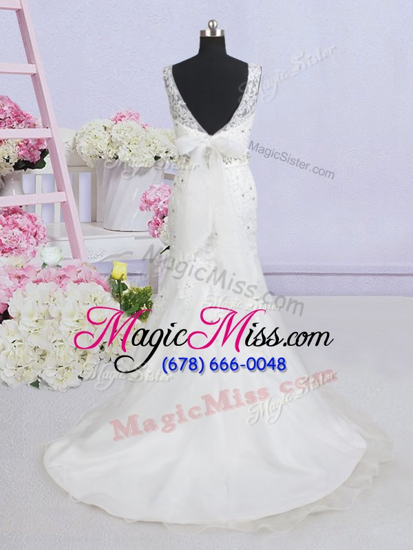 wholesale hot sale mermaid scoop backless organza sleeveless wedding dress brush train and beading and lace and appliques and bowknot