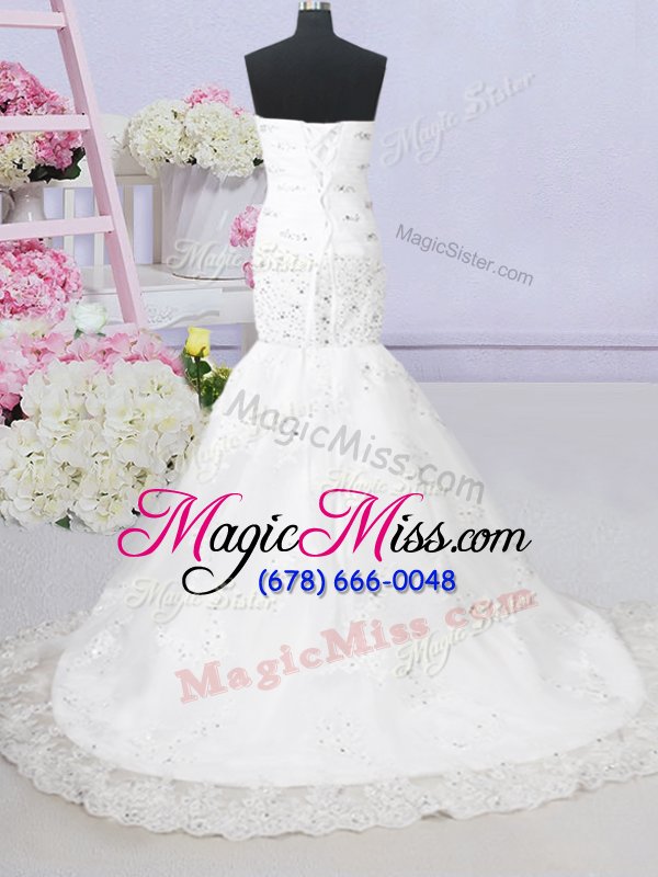 wholesale trendy mermaid tulle sleeveless with train wedding gowns brush train and beading and lace and appliques