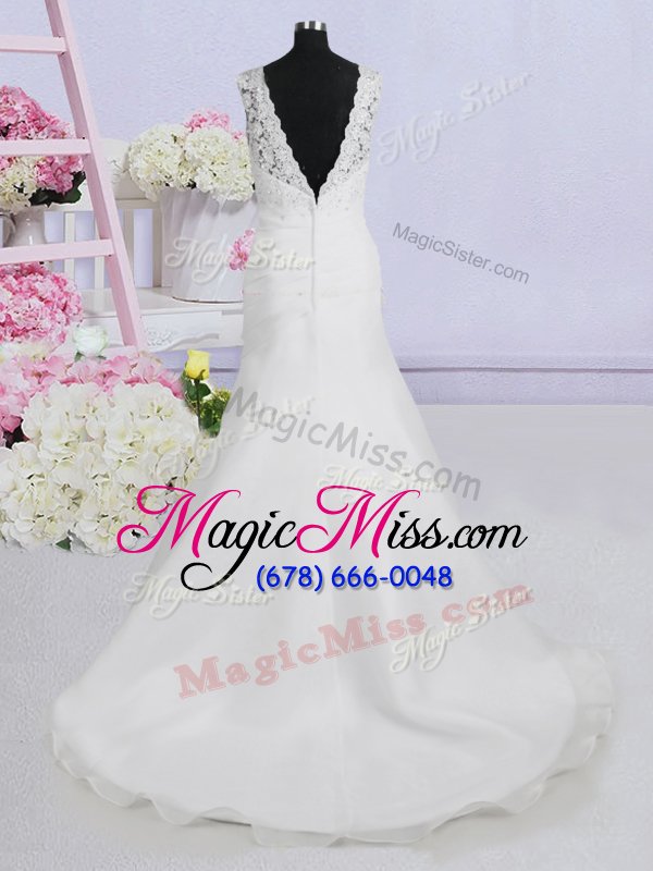 wholesale nice scoop see through white sleeveless with train beading and appliques backless wedding dress