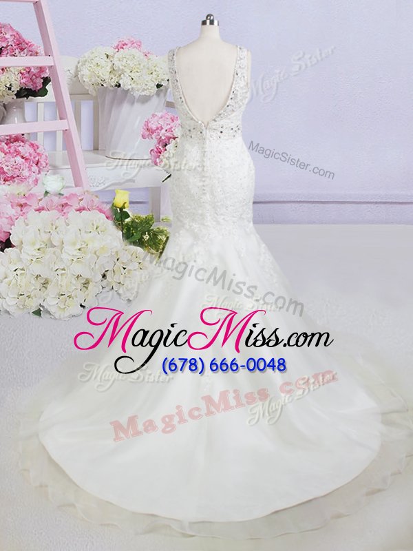 wholesale admirable white mermaid beading and appliques bridal gown backless organza sleeveless with train