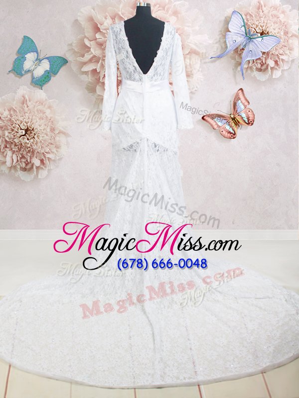 wholesale decent scoop lace beading and belt wedding gowns white zipper long sleeves with brush train