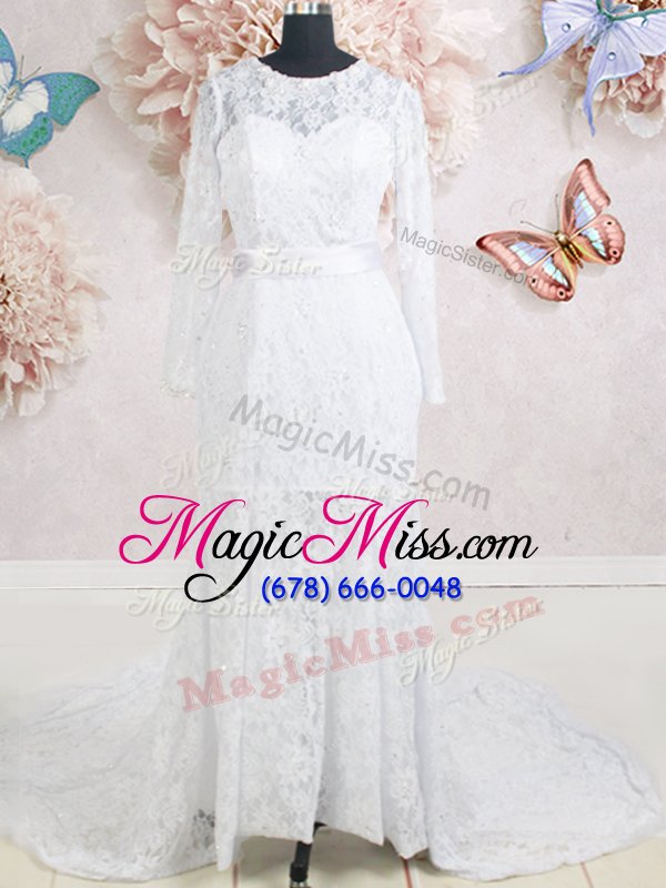 wholesale decent scoop lace beading and belt wedding gowns white zipper long sleeves with brush train