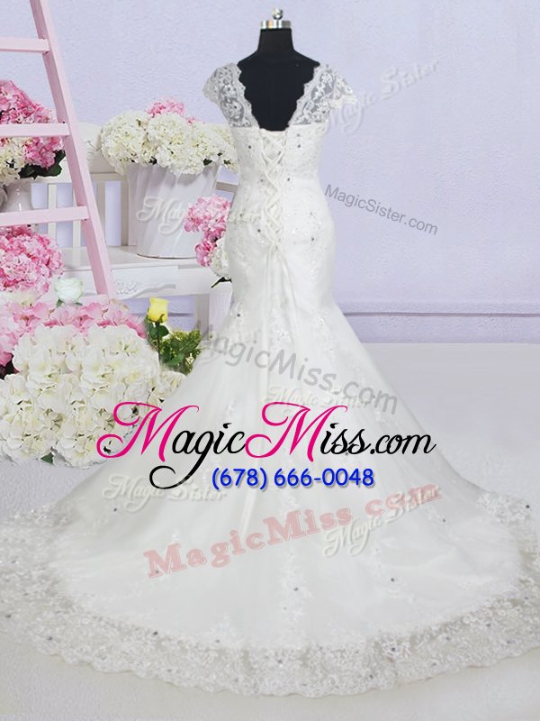 wholesale latest mermaid white tulle lace up v-neck cap sleeves with train wedding gown brush train beading and lace