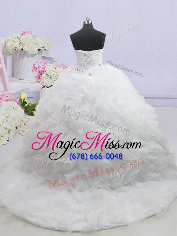 wholesale dynamic sweetheart sleeveless wedding dresses with brush train beading and ruffled layers white organza
