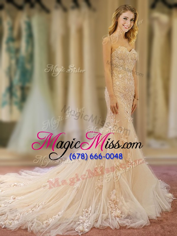 wholesale pretty mermaid champagne tulle lace up bridal gown sleeveless with train court train appliques and hand made flower