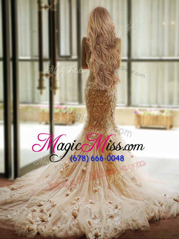 wholesale pretty mermaid champagne tulle lace up bridal gown sleeveless with train court train appliques and hand made flower