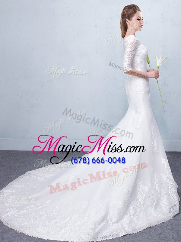 wholesale mermaid with train white wedding gowns scoop half sleeves court train lace up