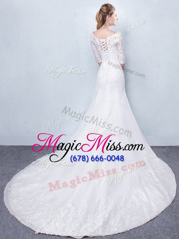 wholesale mermaid with train white wedding gowns scoop half sleeves court train lace up