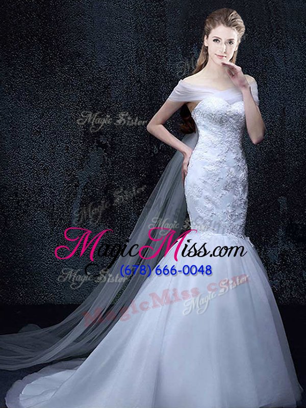 wholesale simple mermaid tulle off the shoulder short sleeves brush train lace up lace and appliques bridal gown in white