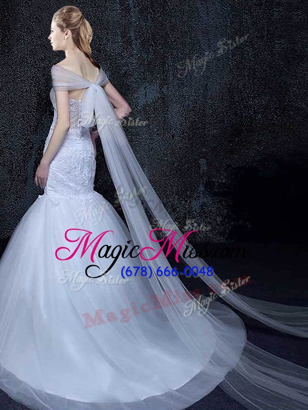 wholesale simple mermaid tulle off the shoulder short sleeves brush train lace up lace and appliques bridal gown in white