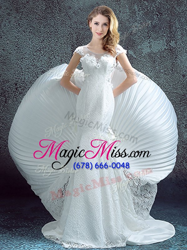 wholesale free and easy mermaid scoop pleated white short sleeves chiffon and lace brush train zipper wedding dress for wedding party