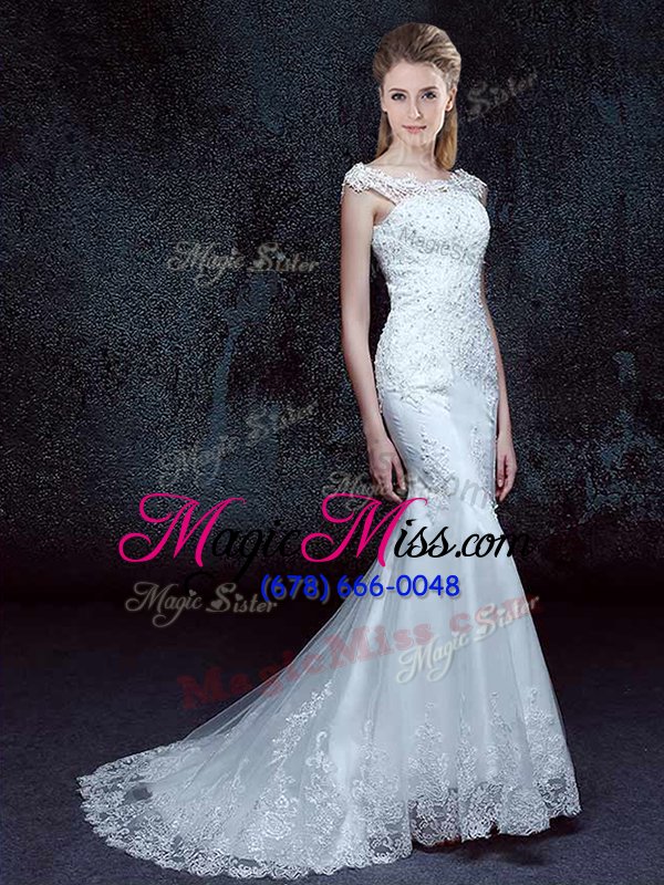 wholesale perfect mermaid scoop cap sleeves brush train lace lace up bridal gown