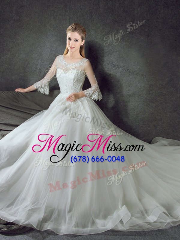 wholesale edgy scoop 3|4 length sleeve court train zipper with train lace wedding gowns