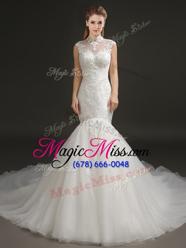 wholesale glittering mermaid white tulle zipper wedding dress sleeveless with train court train lace and appliques