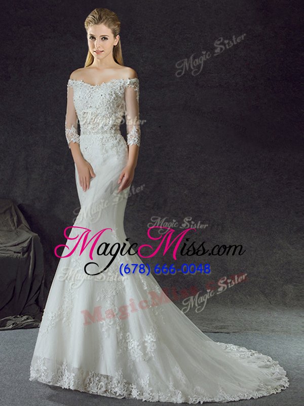 wholesale extravagant mermaid white wedding gown wedding party and for with lace and appliques off the shoulder half sleeves brush train lace up