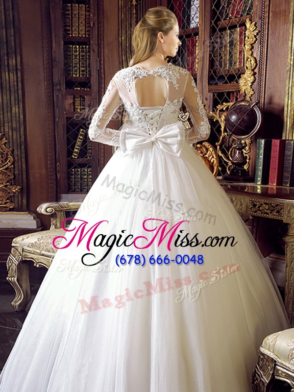 wholesale customized floor length white bridal gown scoop long sleeves lace up