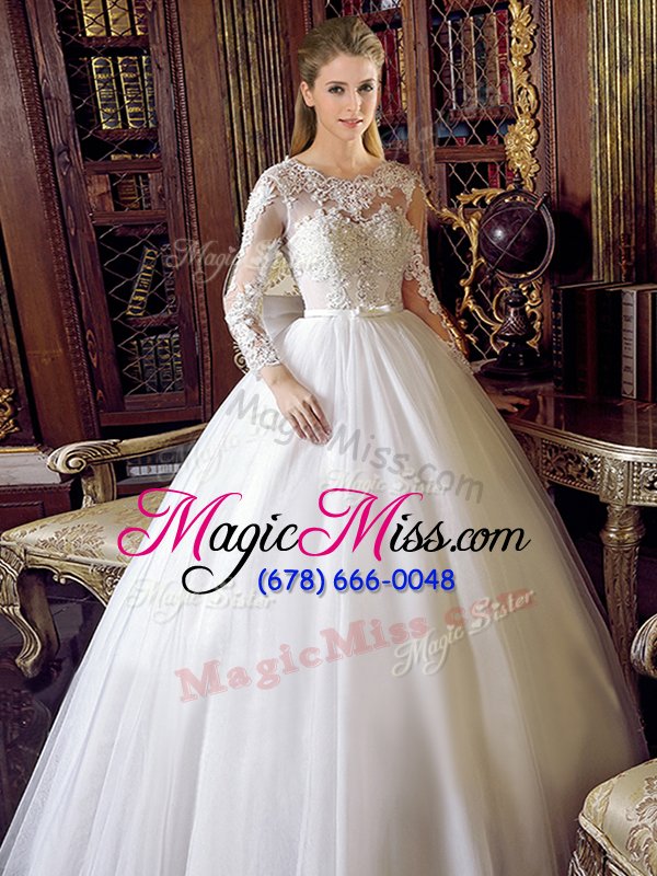 wholesale customized floor length white bridal gown scoop long sleeves lace up