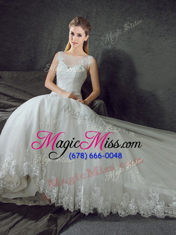 wholesale modern mermaid white scoop lace up lace and appliques wedding dress court train sleeveless