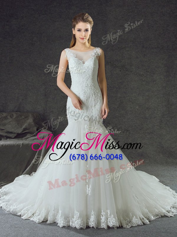 wholesale modern mermaid white scoop lace up lace and appliques wedding dress court train sleeveless
