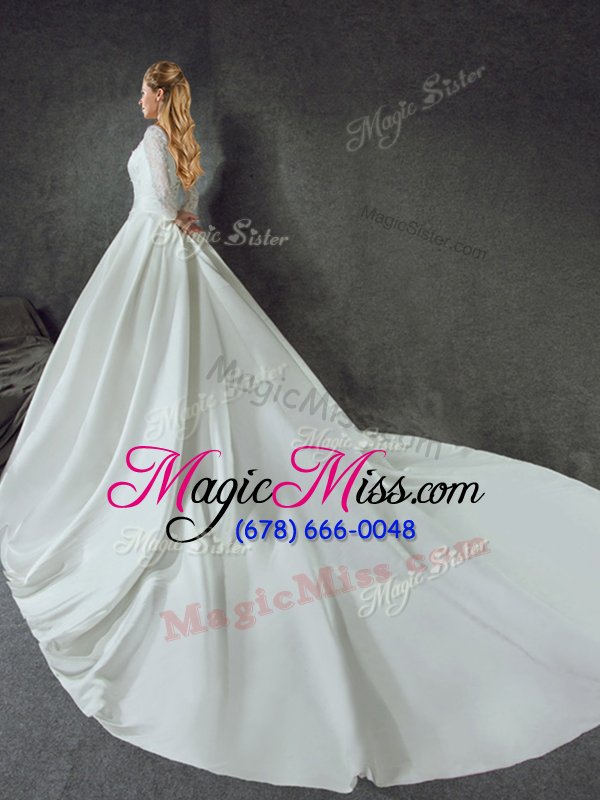 wholesale best with train ball gowns long sleeves white wedding dress chapel train lace up