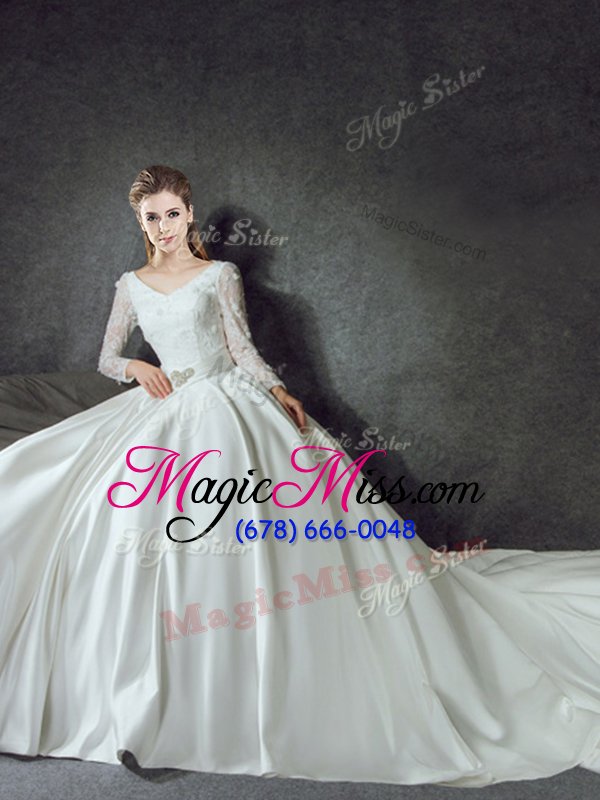 wholesale best with train ball gowns long sleeves white wedding dress chapel train lace up