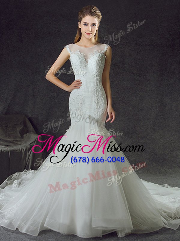 wholesale unique mermaid white tulle side zipper scoop sleeveless with train wedding dress court train lace and appliques
