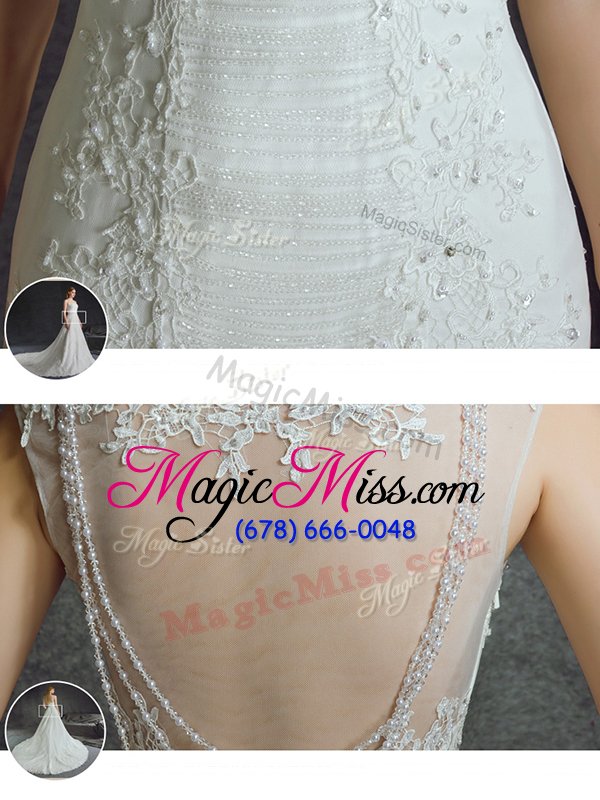 wholesale unique mermaid white tulle side zipper scoop sleeveless with train wedding dress court train lace and appliques