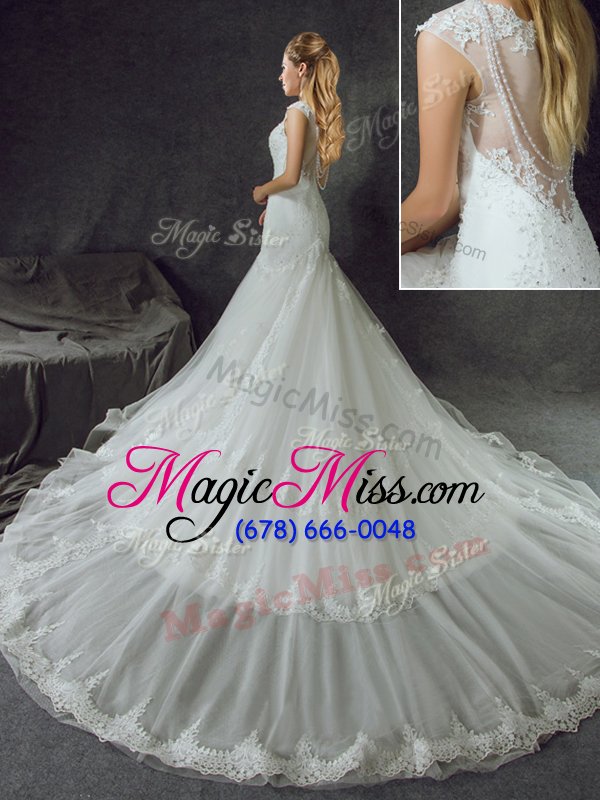 wholesale modern mermaid scoop sleeveless with train lace and appliques side zipper wedding gown with white chapel train