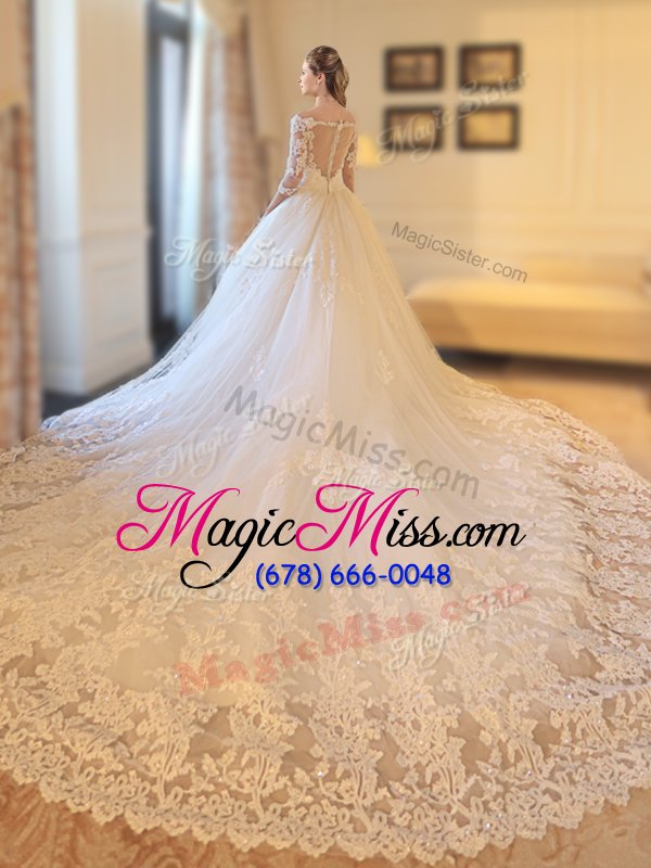 wholesale fabulous off the shoulder white zipper wedding gowns lace and appliques half sleeves cathedral train