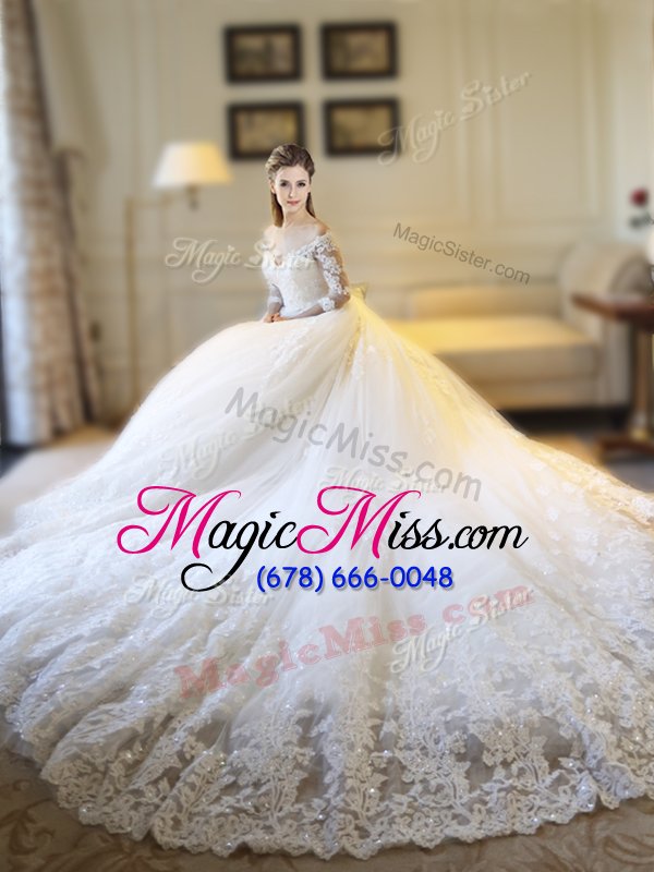 wholesale fabulous off the shoulder white zipper wedding gowns lace and appliques half sleeves cathedral train