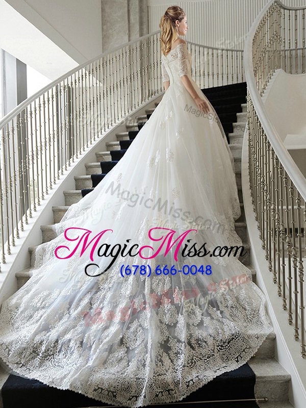 wholesale fine off the shoulder white half sleeves with train lace and appliques zipper wedding dresses