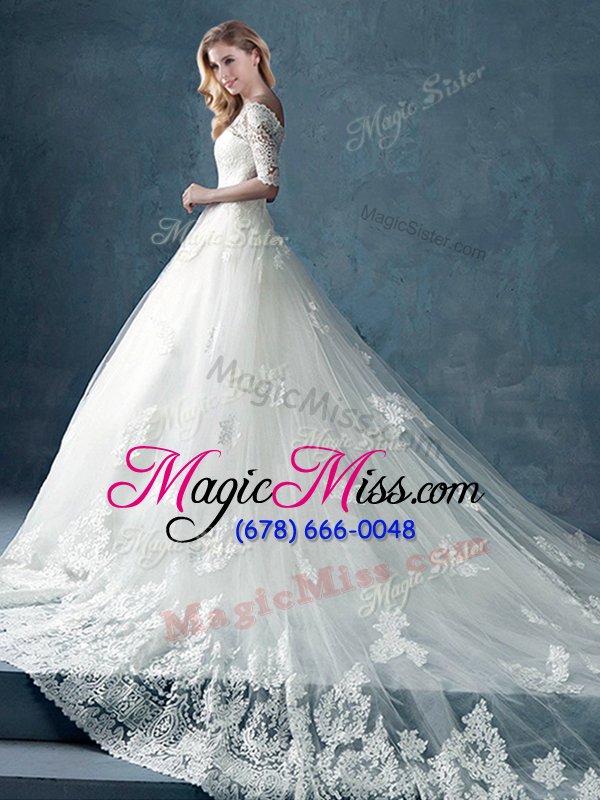 wholesale fine off the shoulder white half sleeves with train lace and appliques zipper wedding dresses