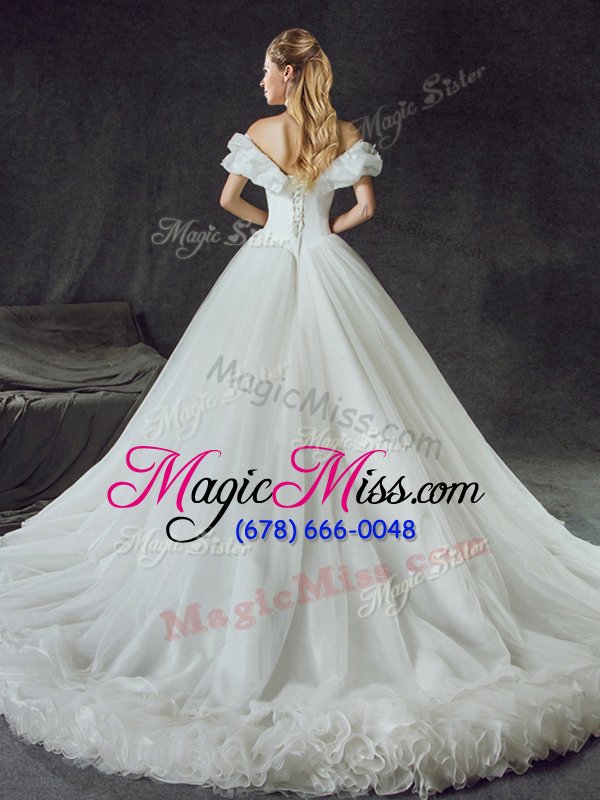 wholesale sexy backless white tulle lace up off the shoulder sleeveless with train wedding gown court train appliques
