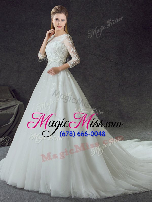 wholesale exceptional white a-line tulle scoop 3|4 length sleeve lace lace up wedding gowns court train