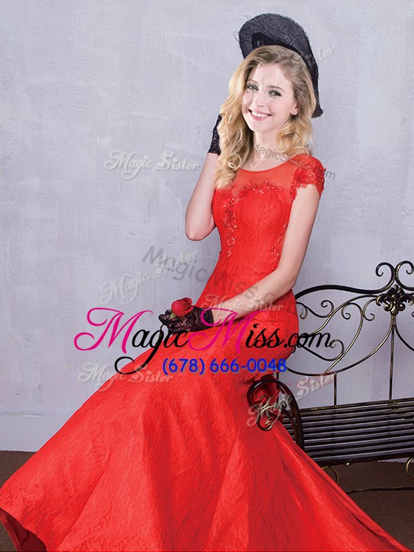 wholesale cute mermaid red taffeta and lace zipper scoop short sleeves bridal gown brush train lace and bowknot and pleated