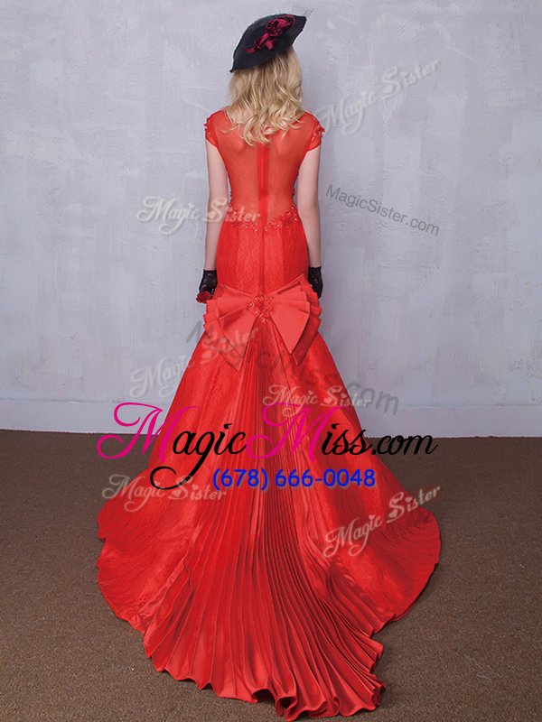 wholesale cute mermaid red taffeta and lace zipper scoop short sleeves bridal gown brush train lace and bowknot and pleated