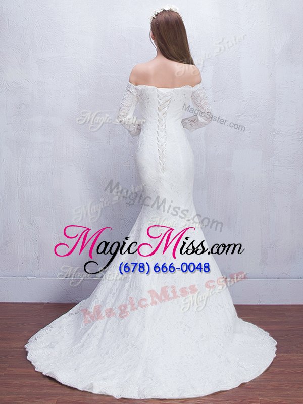 wholesale customized mermaid off the shoulder with train lace up wedding dresses white and in with lace brush train