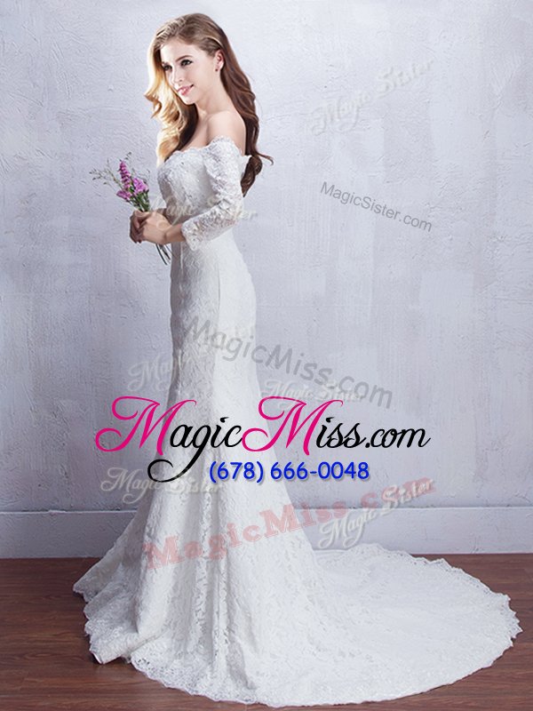 wholesale customized mermaid off the shoulder with train lace up wedding dresses white and in with lace brush train