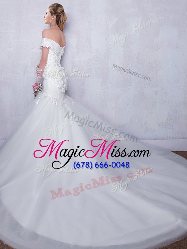 wholesale ideal mermaid white tulle lace up off the shoulder sleeveless with train bridal gown court train lace and hand made flower