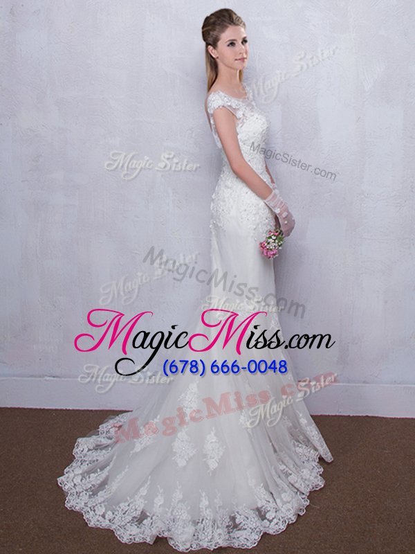 wholesale suitable mermaid scoop cap sleeves brush train lace backless wedding dress