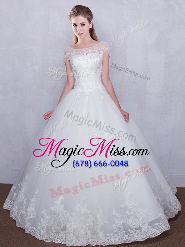 wholesale beautiful scoop cap sleeves lace up floor length lace wedding gown