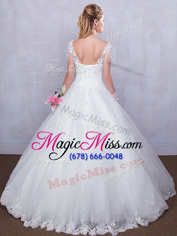 wholesale charming short sleeves tulle floor length lace up bridal gown in white for with lace