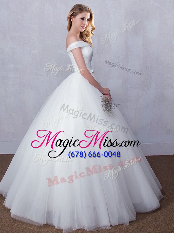 wholesale dramatic off the shoulder floor length white wedding dress tulle sleeveless bowknot