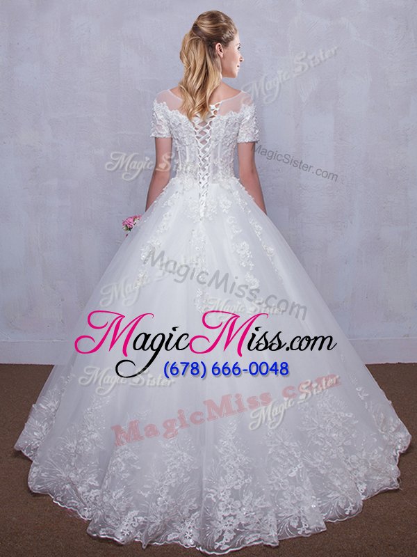 wholesale low price see through white wedding gown wedding party and for with lace scoop short sleeves lace up