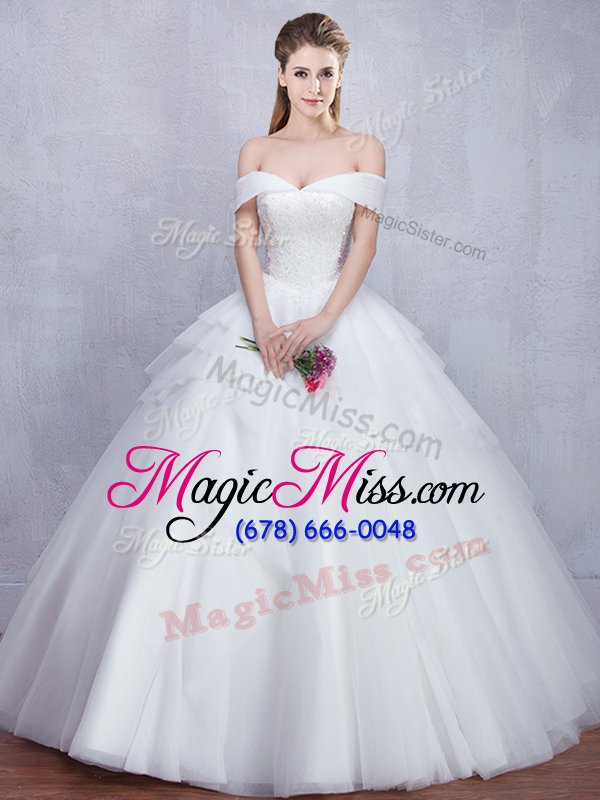wholesale custom designed floor length white wedding gown off the shoulder sleeveless lace up