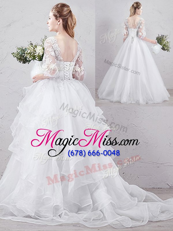 wholesale simple white ball gowns tulle scoop half sleeves lace and ruffles with train lace up wedding dress brush train