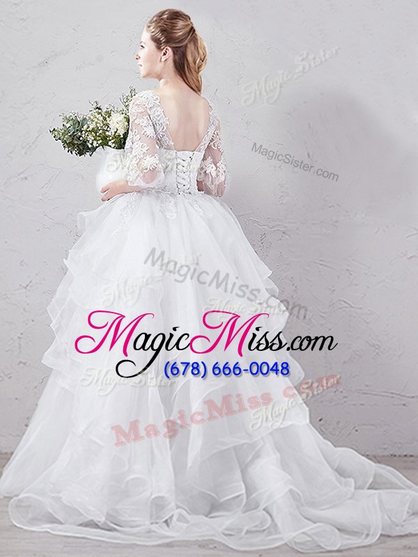 wholesale captivating with train white wedding dress scoop half sleeves brush train lace up